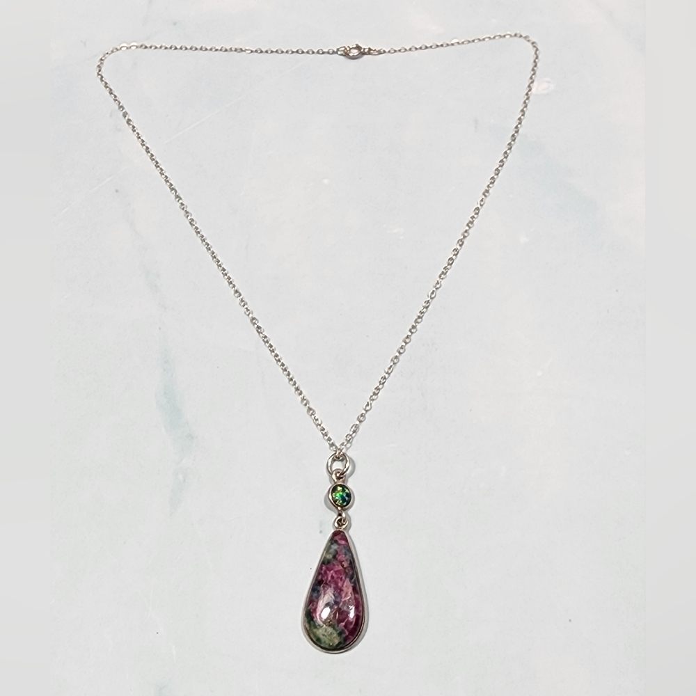 Vintage Opal, Ruby Zoisite, and Sterling Necklace - Picture 5 of 5
